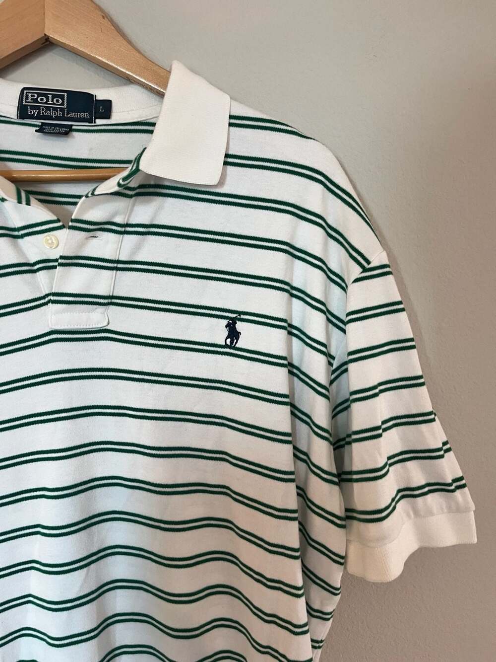 Polo Ralph Lauren, Men's White/Green Striped Short Sleeve Polo, Preppy, L
